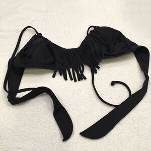 Black fringed bikini top padded tie closure O/S